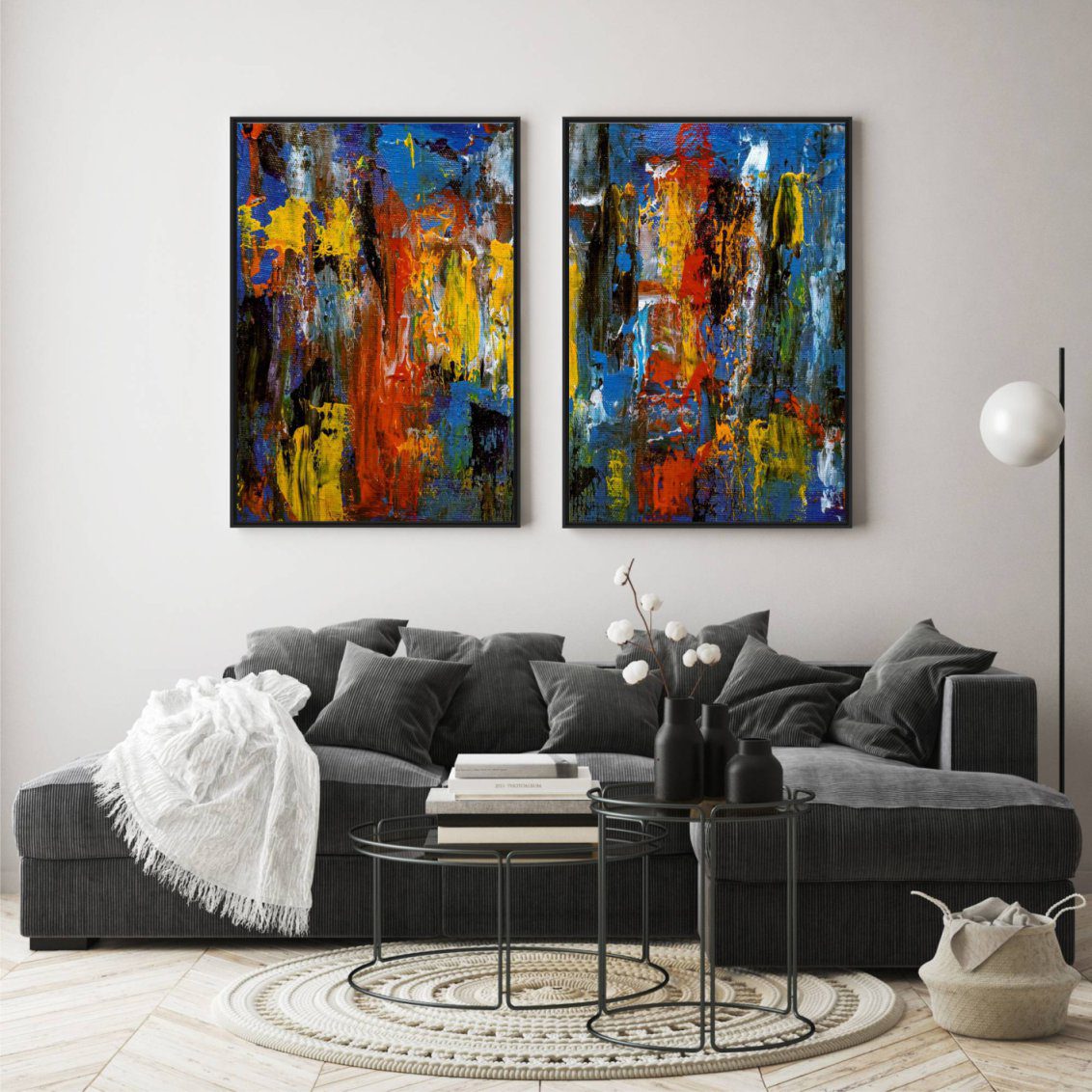 Composição com 2 Quadros Abstrato com Pintura Colorida