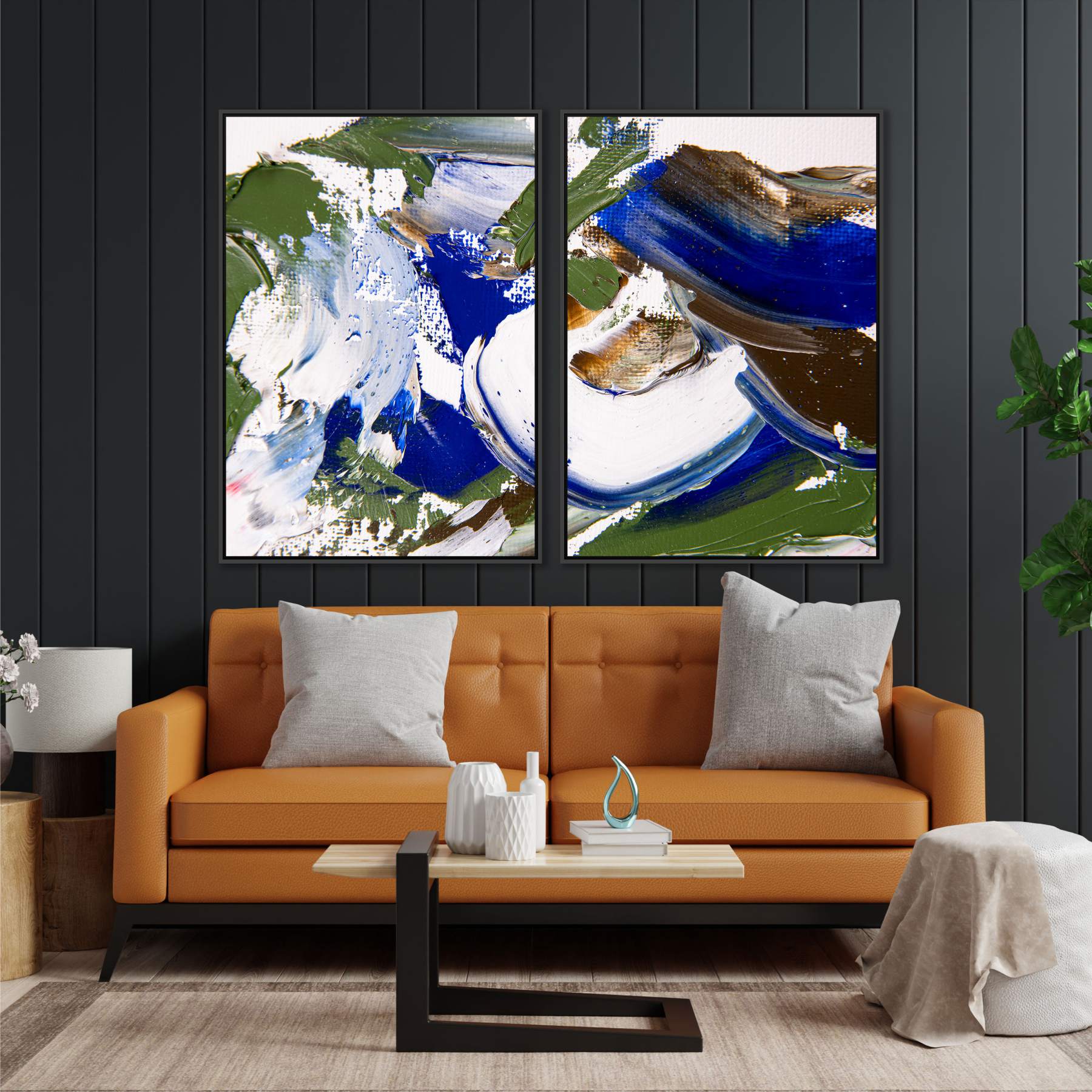 Composição com 2 Quadros Abstrato em Tons de Verde e Azul