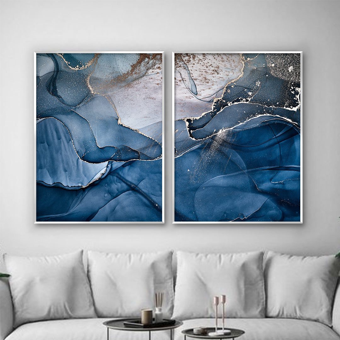 Composição com 2 Quadros Abstrato Marmorizado Azul