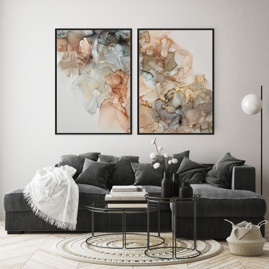 Composição com 2 Quadros Abstrato Marmorizado Dourado