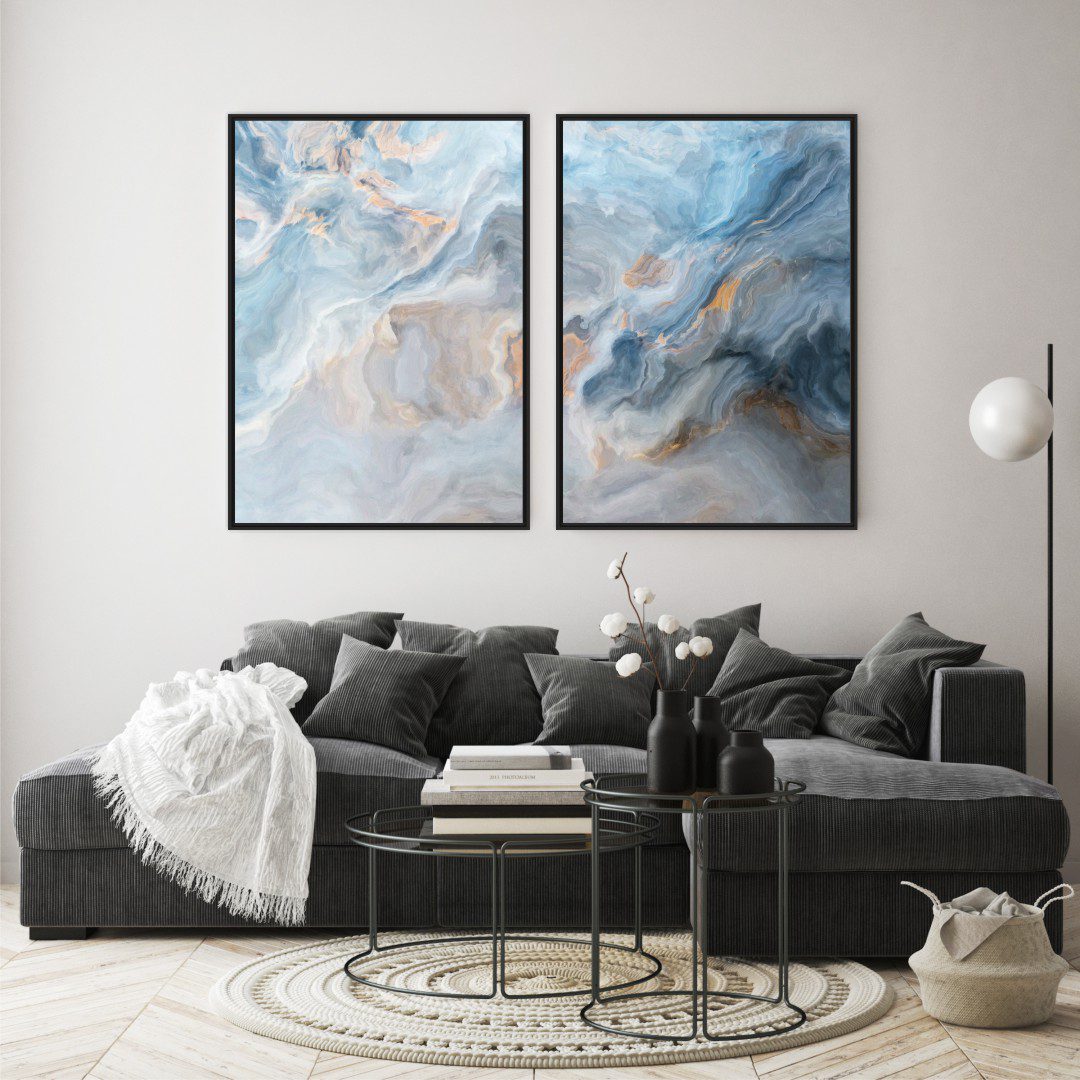 Composição com 2 Quadros Abstrato Marmorizado em Tons de Azul