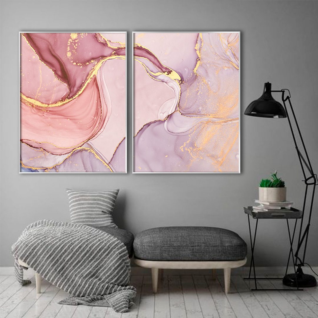 Composição com 2 Quadros Abstrato Marmorizado em Tons de Rosê