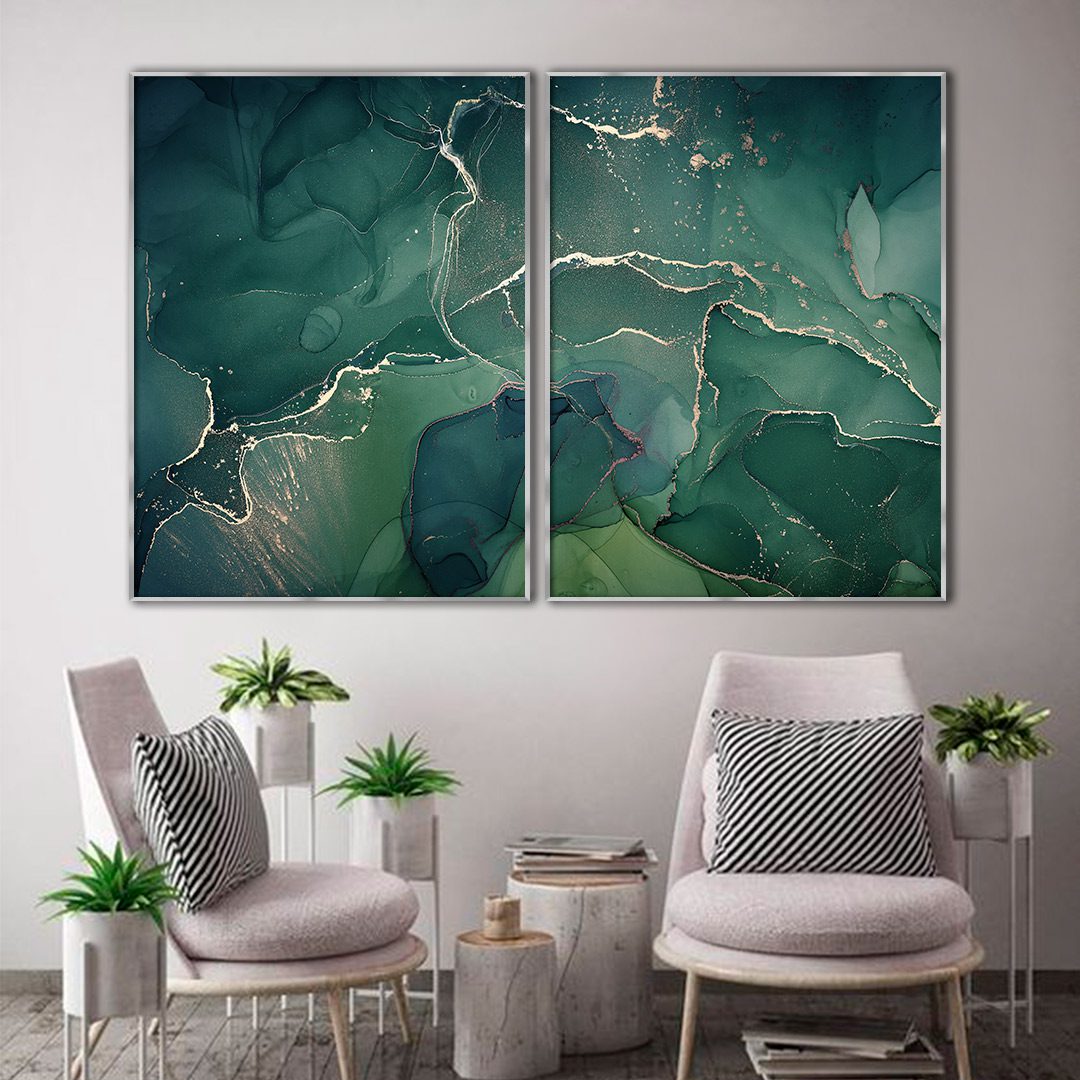 Composição com 2 Quadros Abstrato Marmorizado Verde