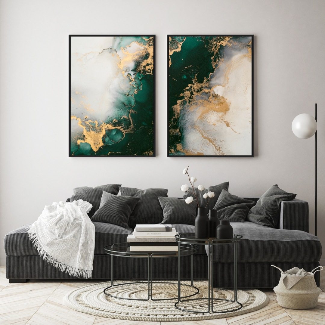 Composição com 2 Quadros Abstrato Marmorizado Verde e Dourado
