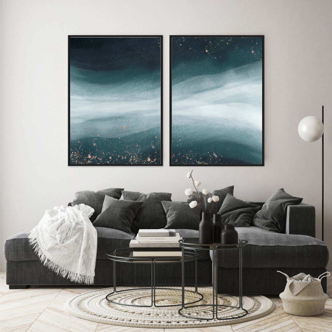 Composição com 2 Quadros Abstrato Verde com Brilhos