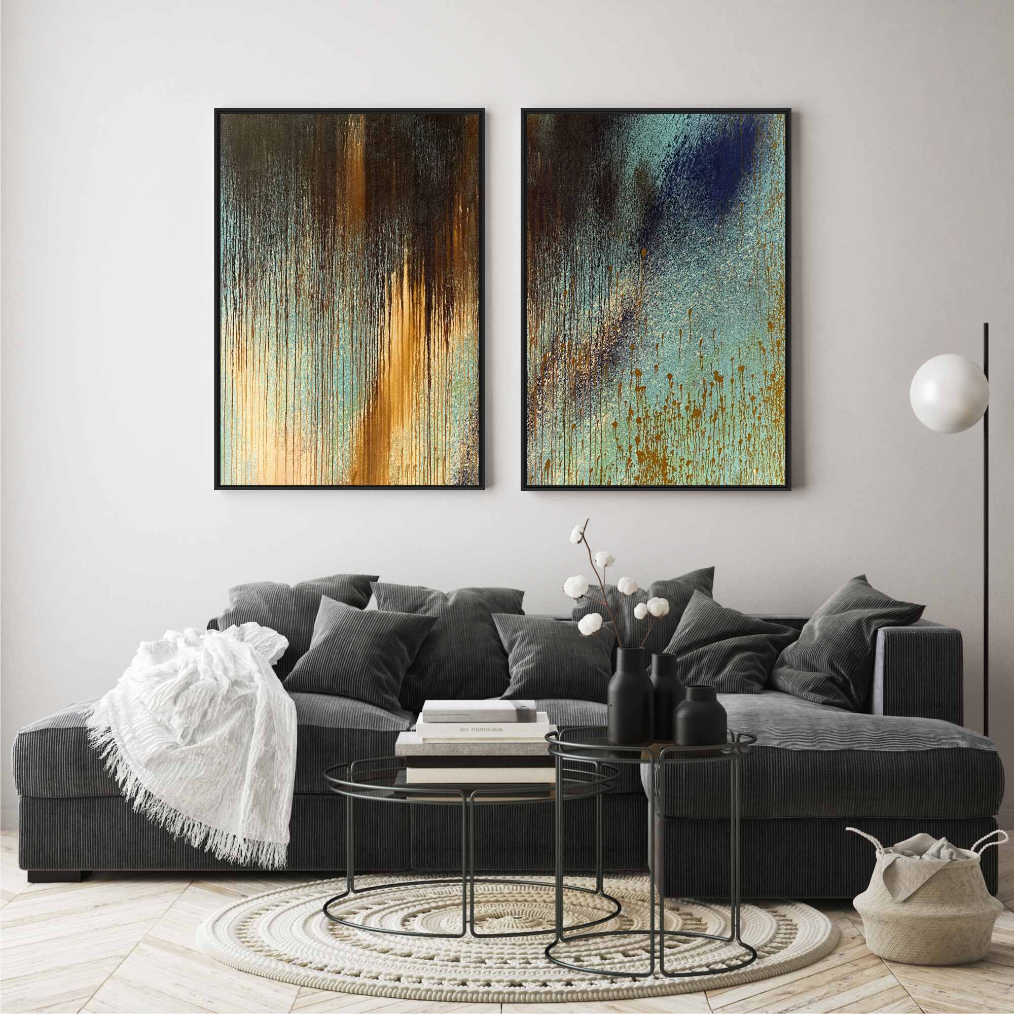 Composição com 2 Quadros Abstrato Verde e Dourado