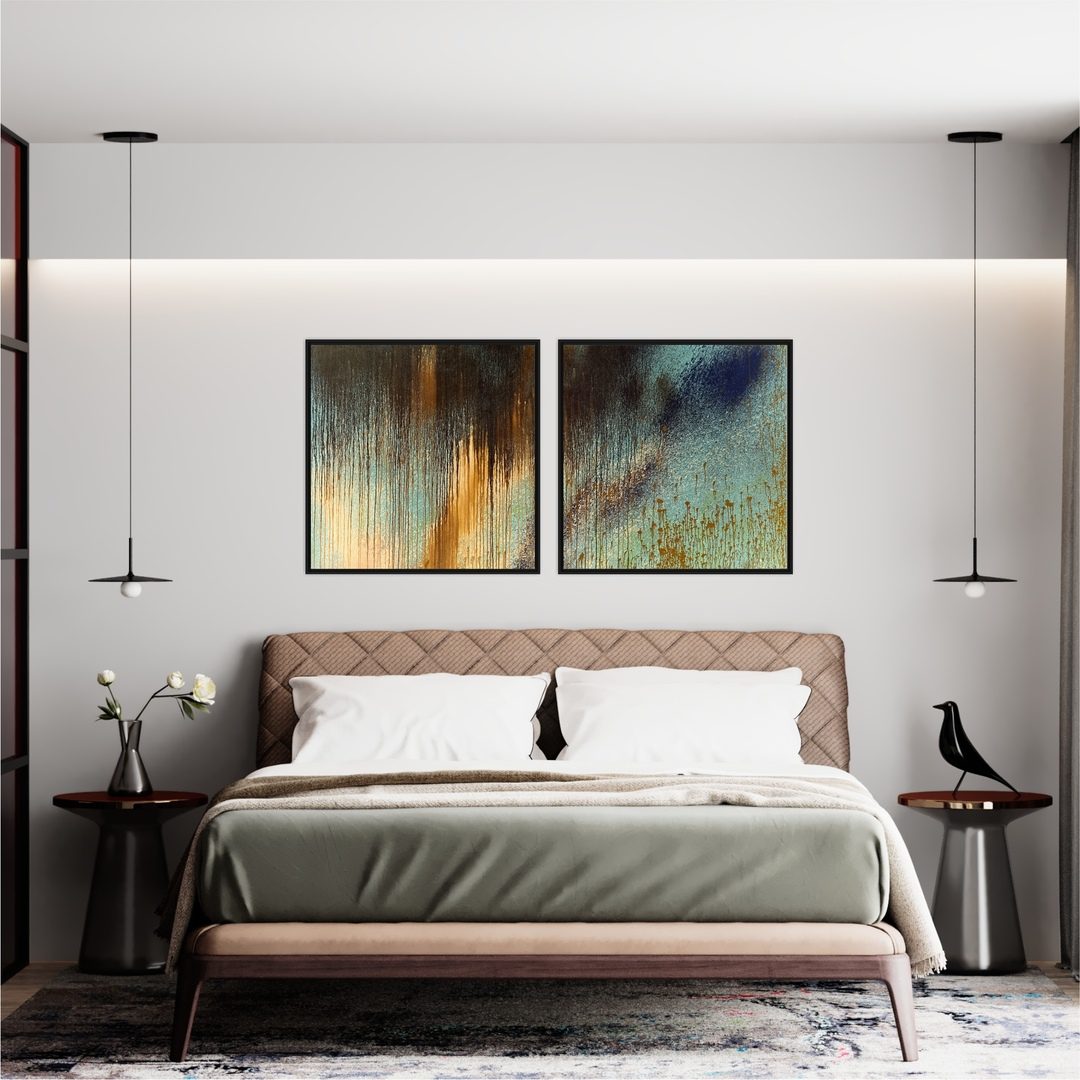 Composição com 2 Quadros Abstrato Verde e Dourado