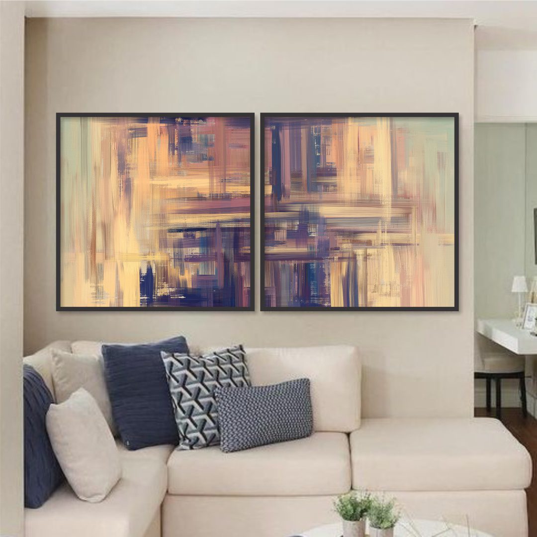 Composição com 2 Quadros Abstratos com Pintura em Tons de Verde e Roxo