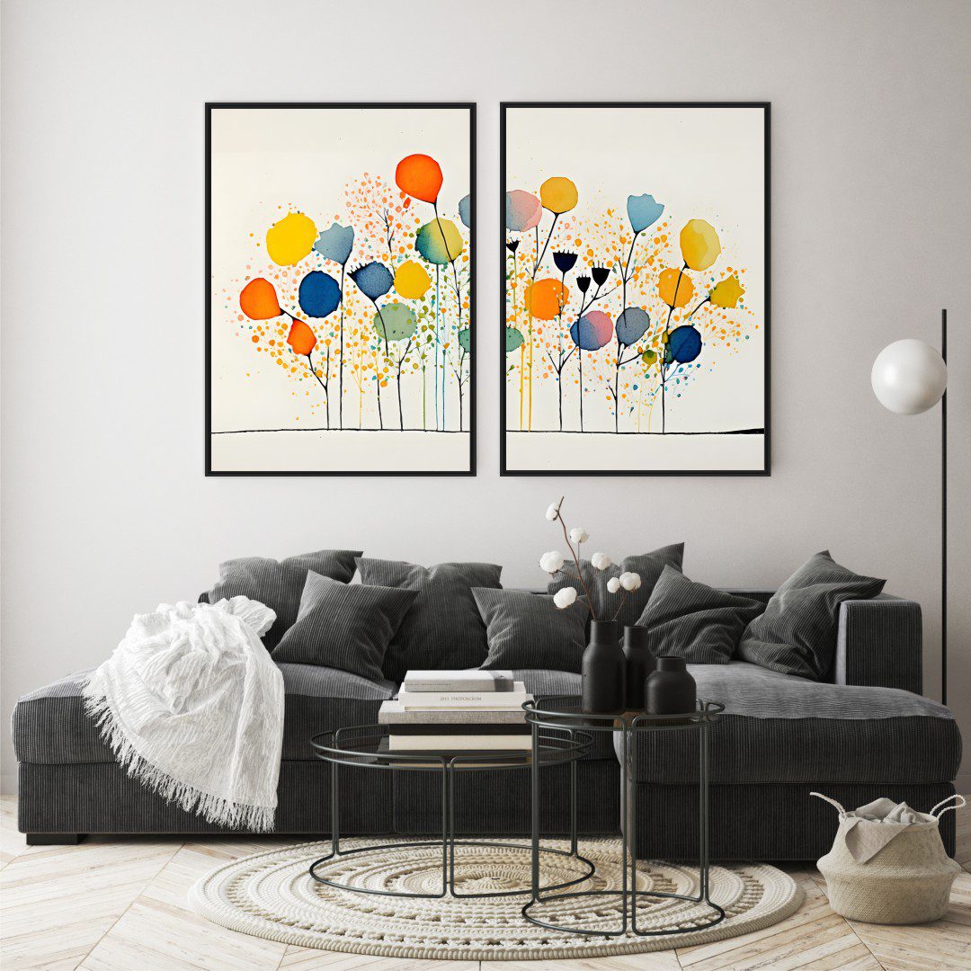 Composição com 2 Quadros Artístico Floral Colorido