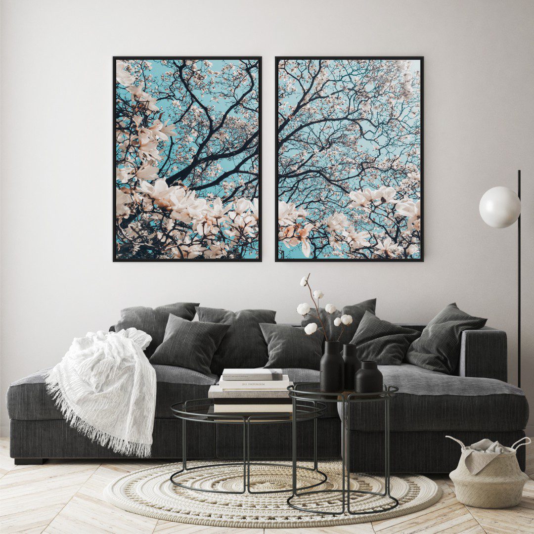 Composição com 2 Quadros com Flor de Cerejeira Branca e Fundo Azul