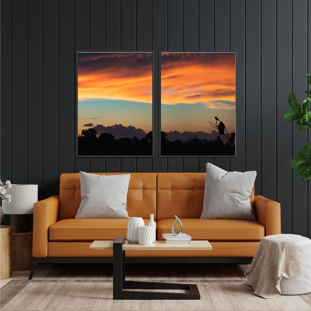 Composição com 2 Quadros com Fotografia de Pôr do Sol na Floresta