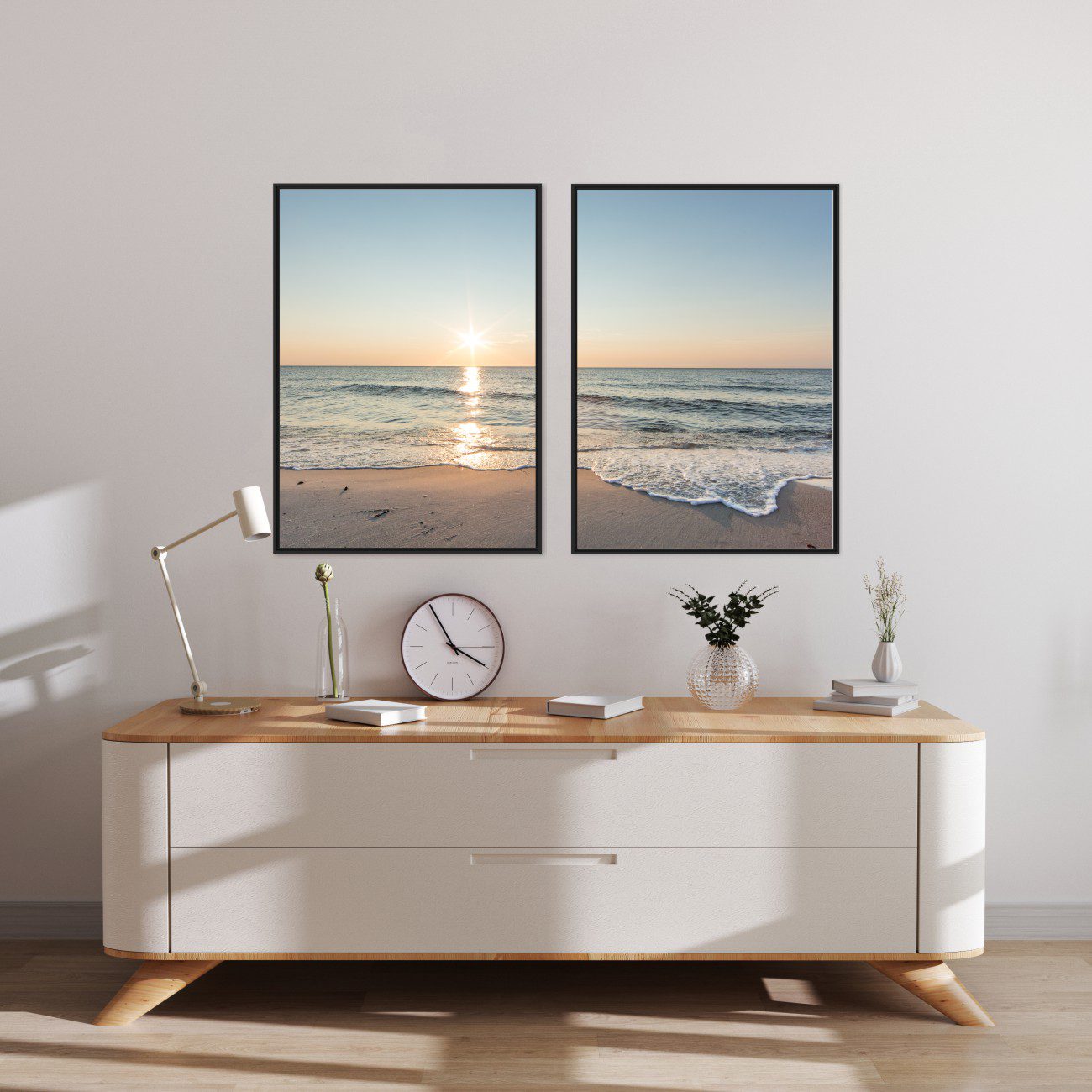 Composição com 2 Quadros com Fotografia do Nascer do Sol na Praia