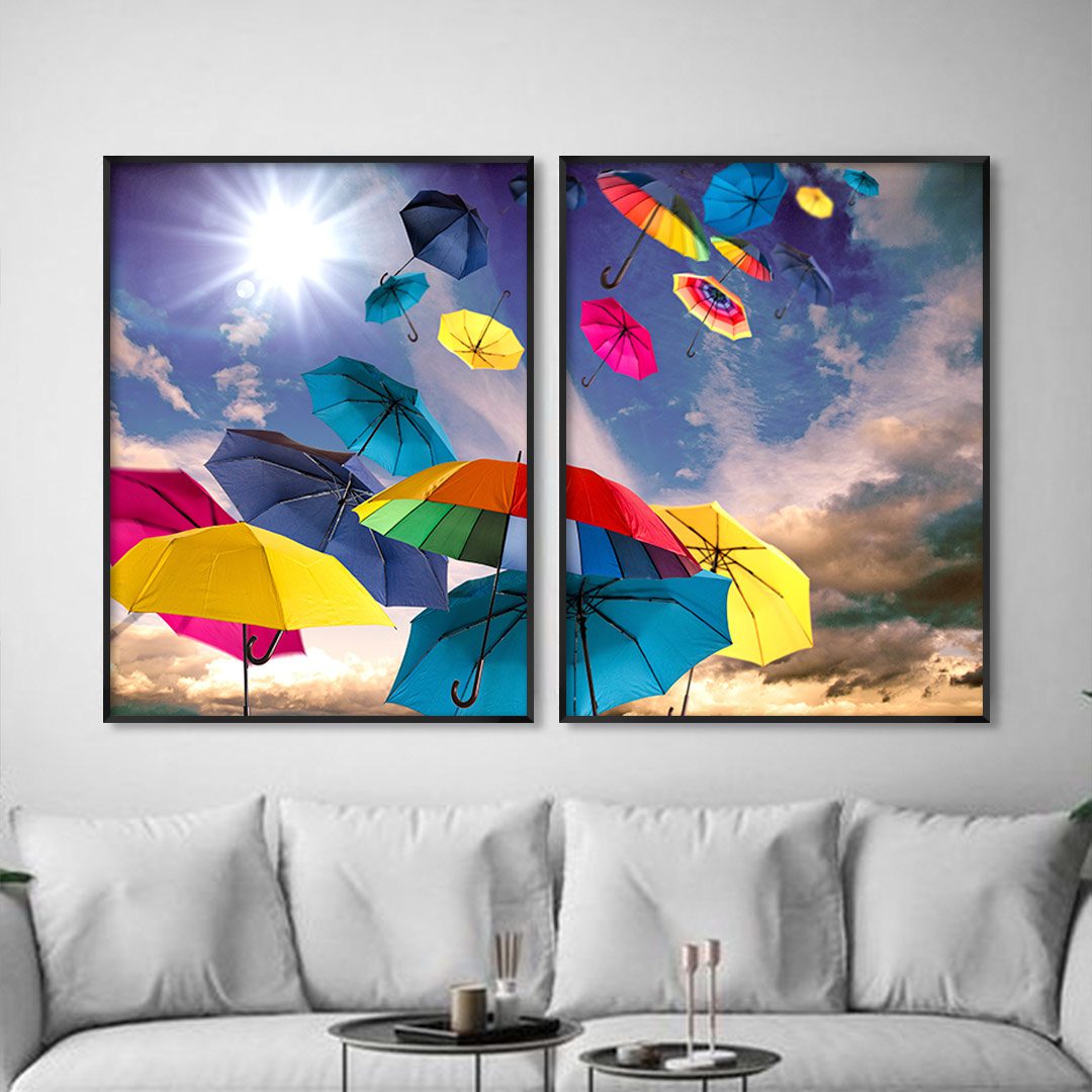 Composição com 2 Quadros com Guarda-chuvas Coloridos