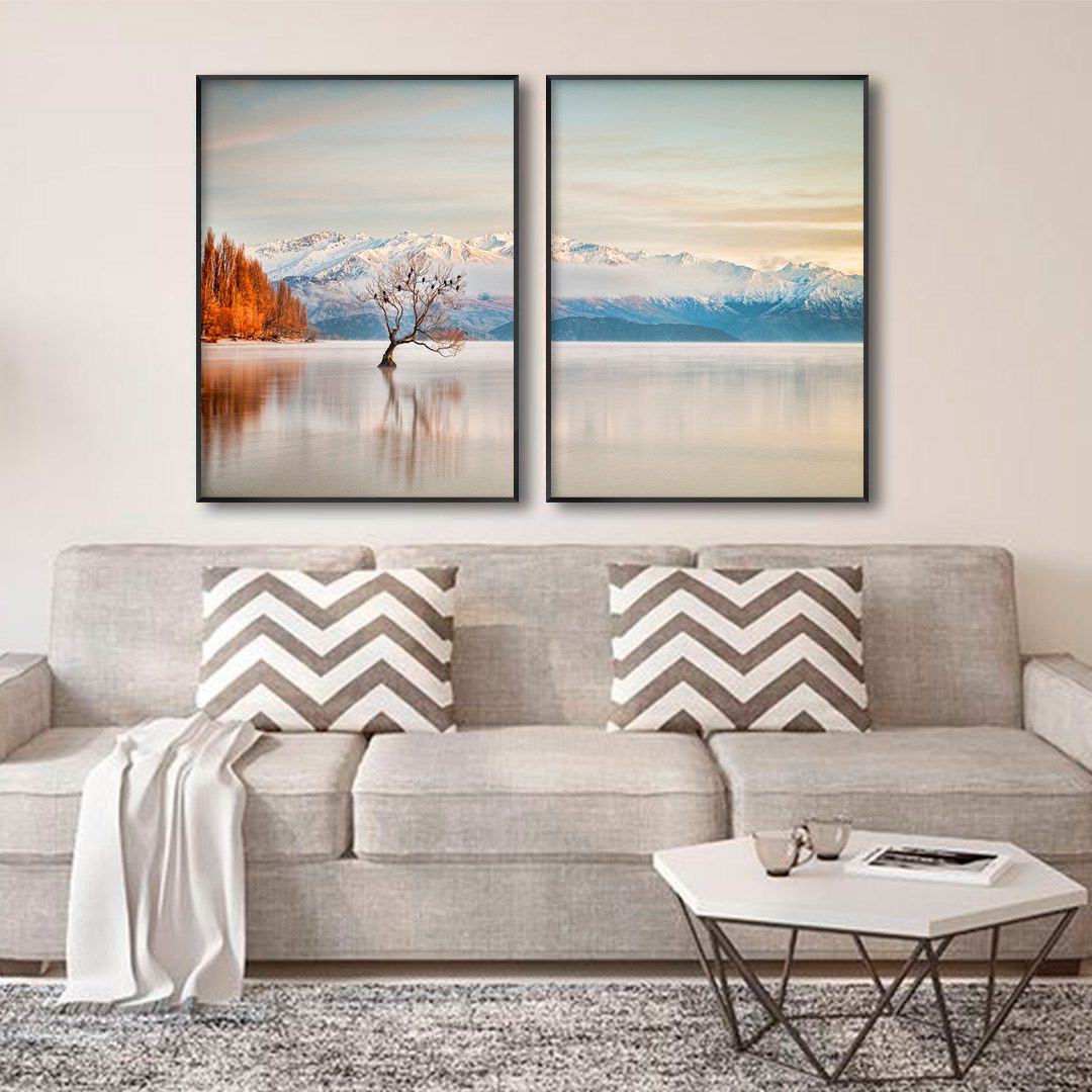 Composição com 2 Quadros com Imagem de Lago e Montanhas com Neve
