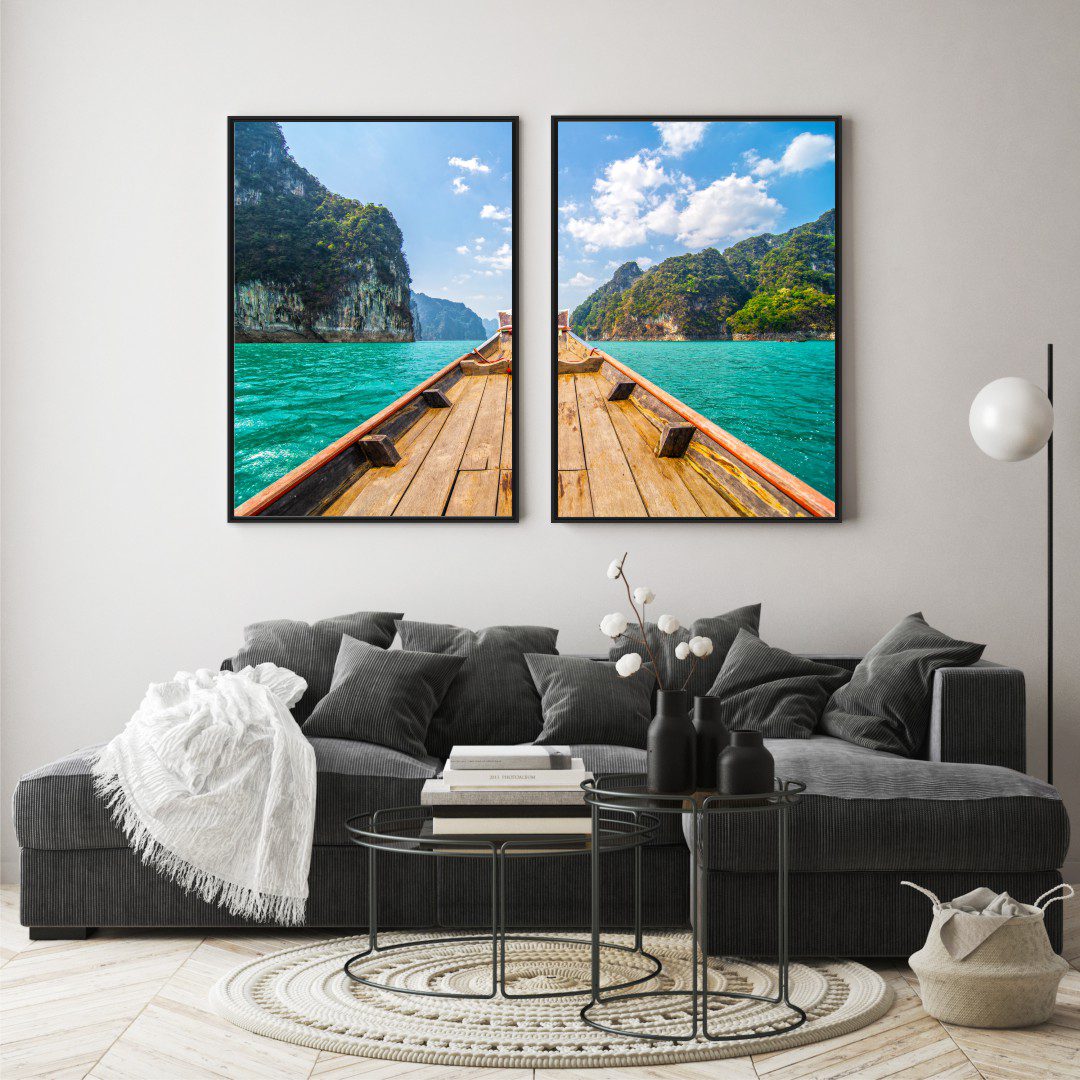 Composição com 2 Quadros com Paisagem de Lago e Montanhas