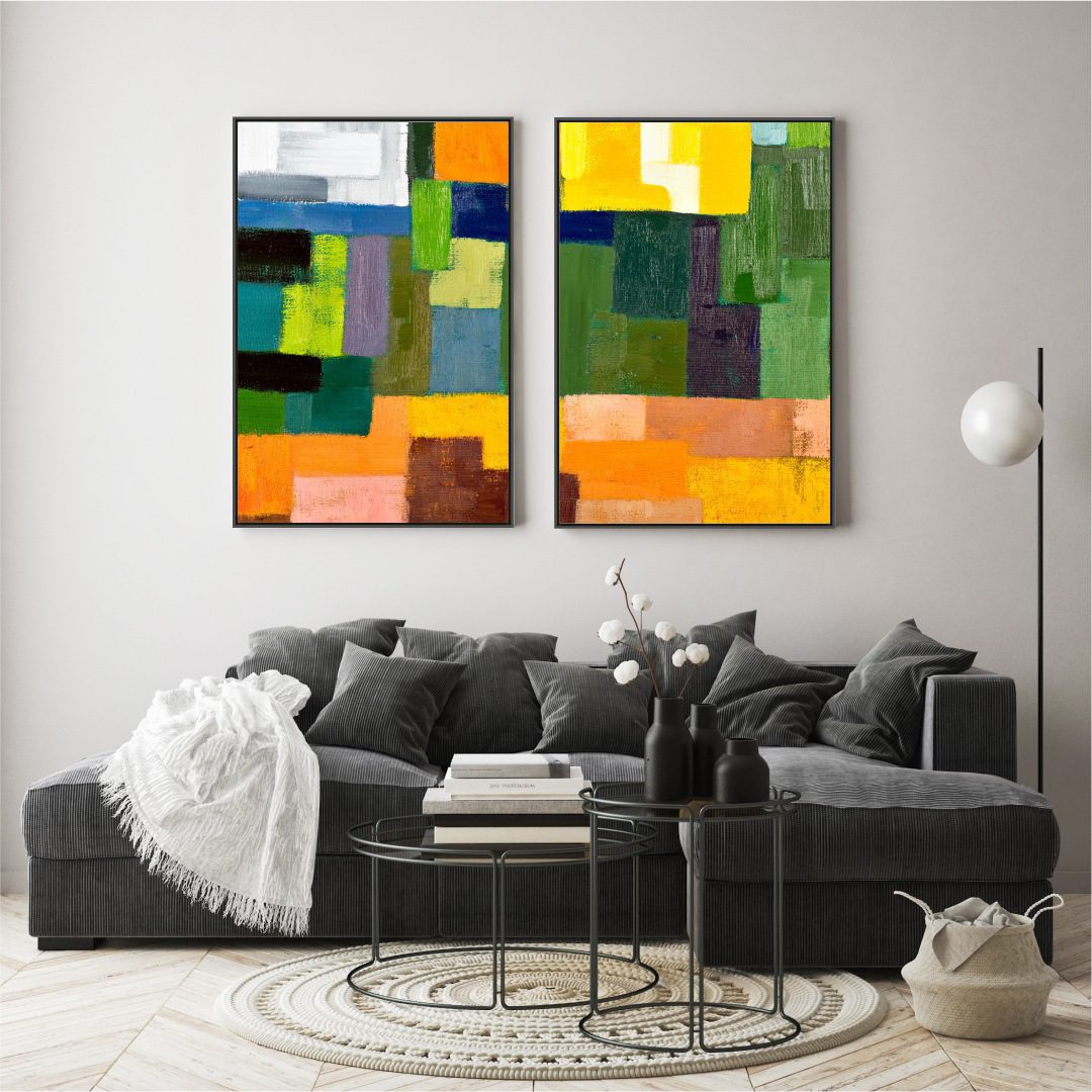 Composição com 2 Quadros com Pintura Abstrata Colorida