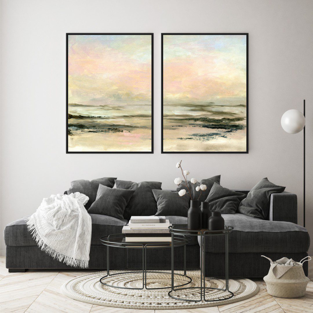 Composição com 2 Quadros com Pintura Abstrata com Ilustração do Mar