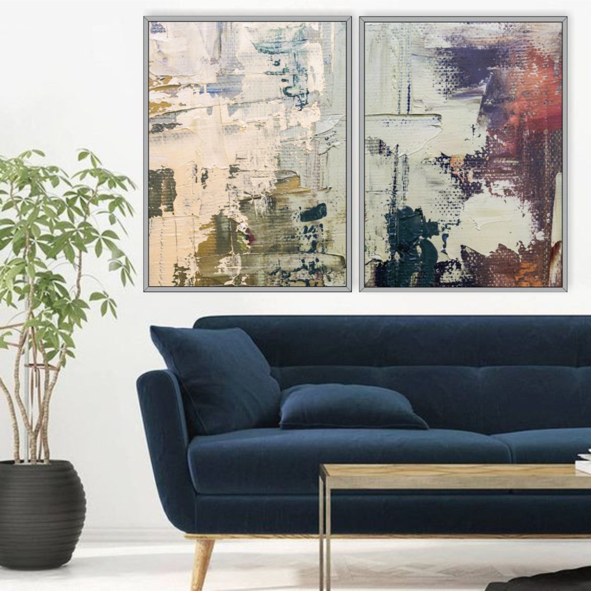 Composição com 2 Quadros com Pintura Abstrata em Tons de Verde e Roxo