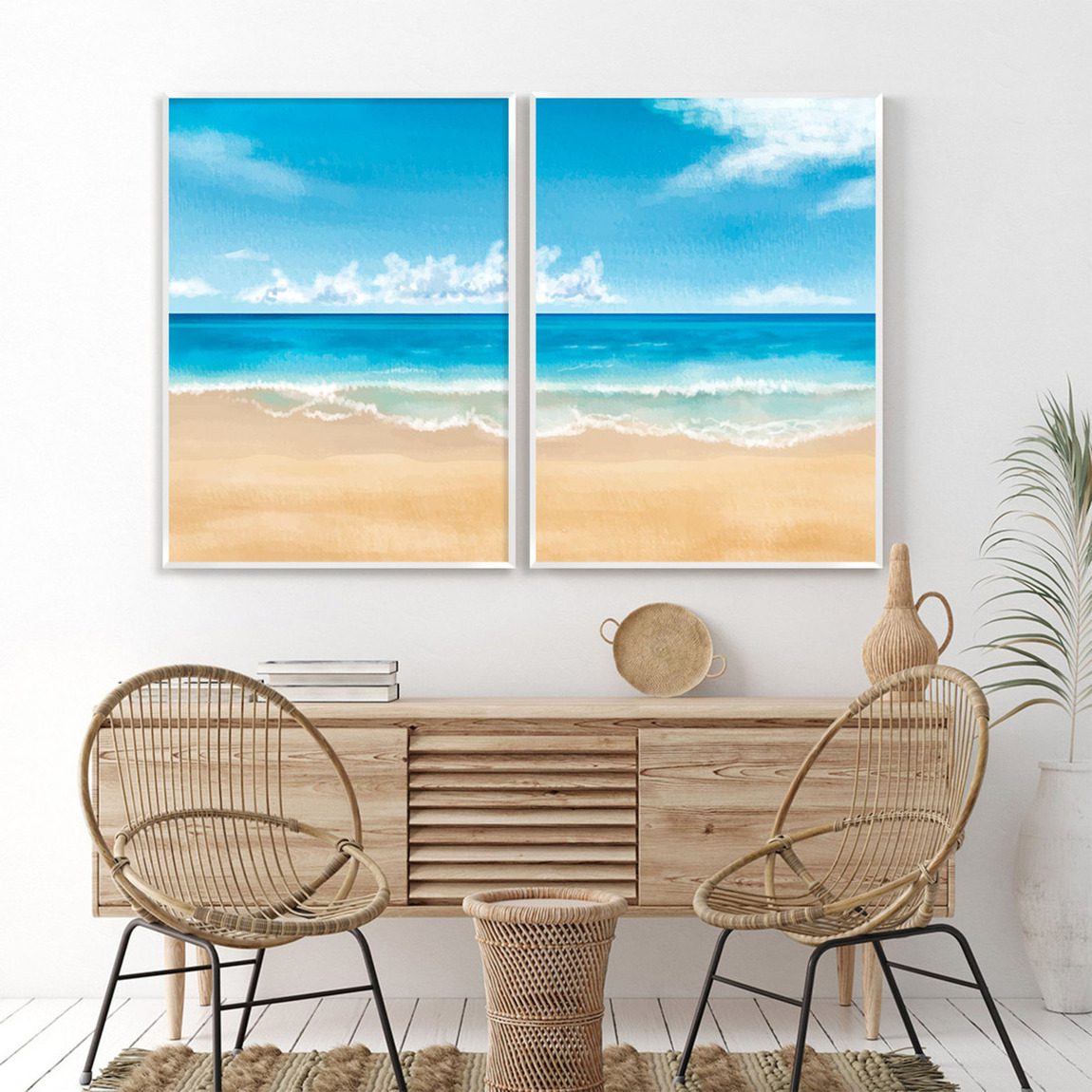 Composição com 2 Quadros com Pintura de Mar e Praia