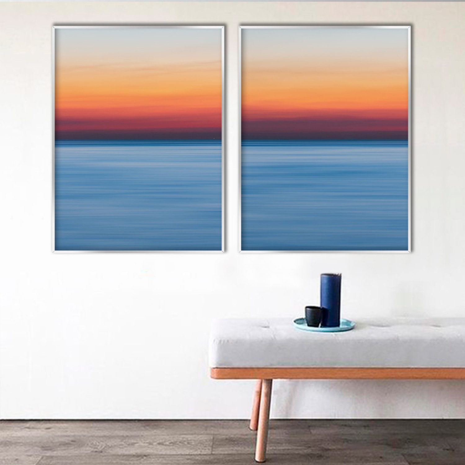 Composição com 2 Quadros de Mar com Pôr do Sol Abstrato