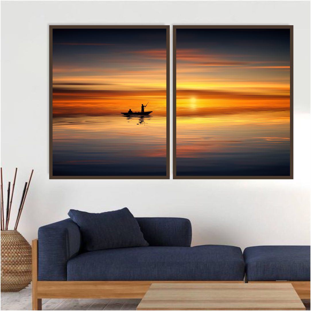 Composição com 2 Quadros de Pescador com Pôr do Sol