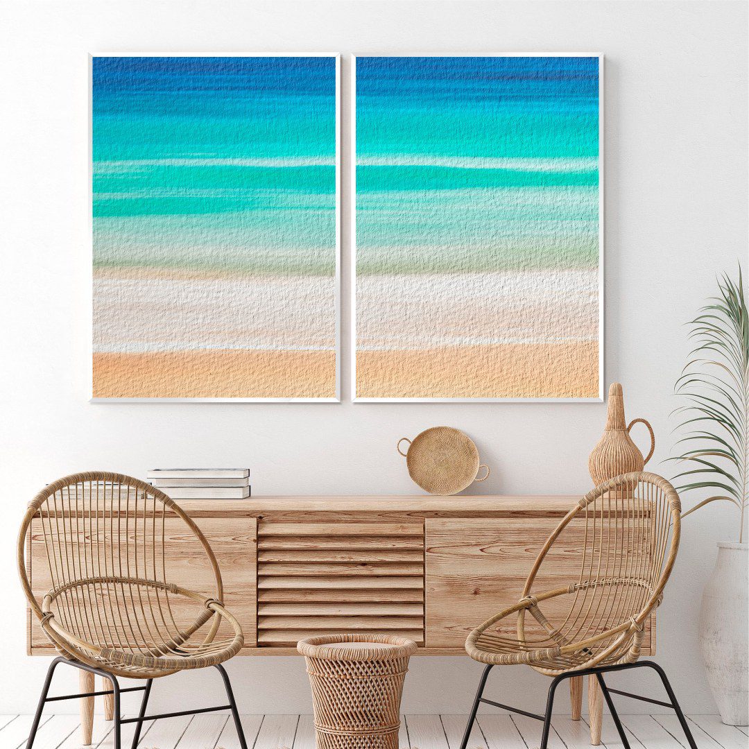 Composição com 2 Quadros de Praia e Mar Abstrato