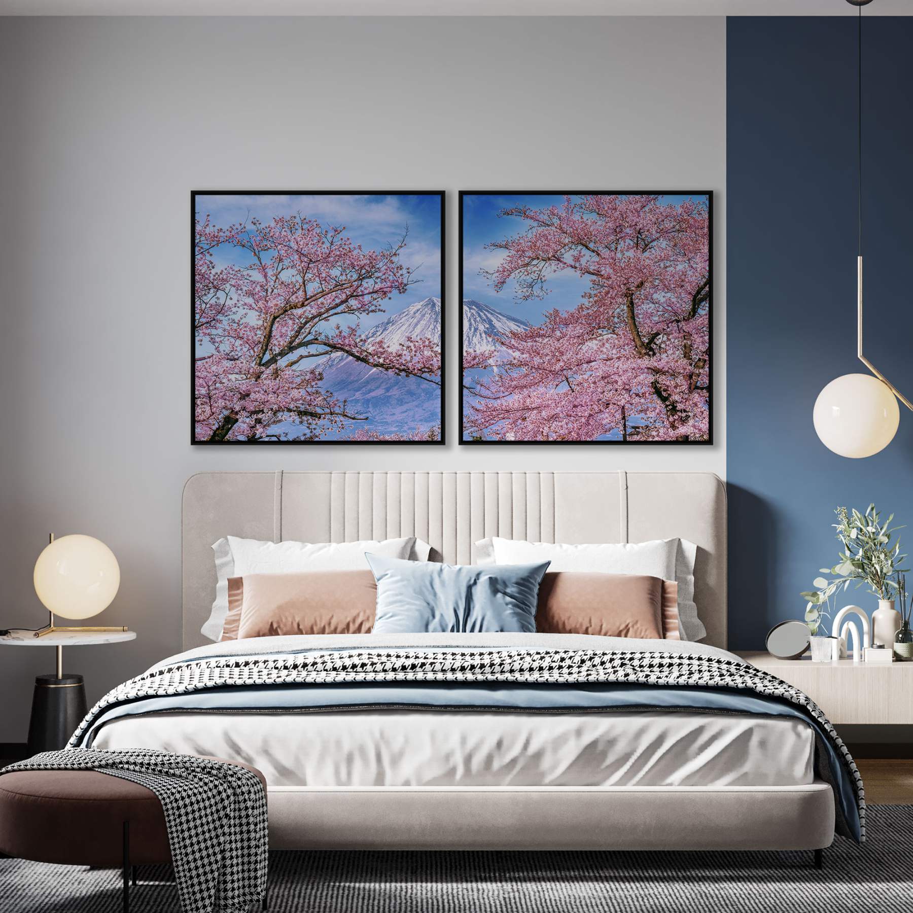 Composição com 2 Quadros Flor de Cerejeira e Monte Fuji no Japão