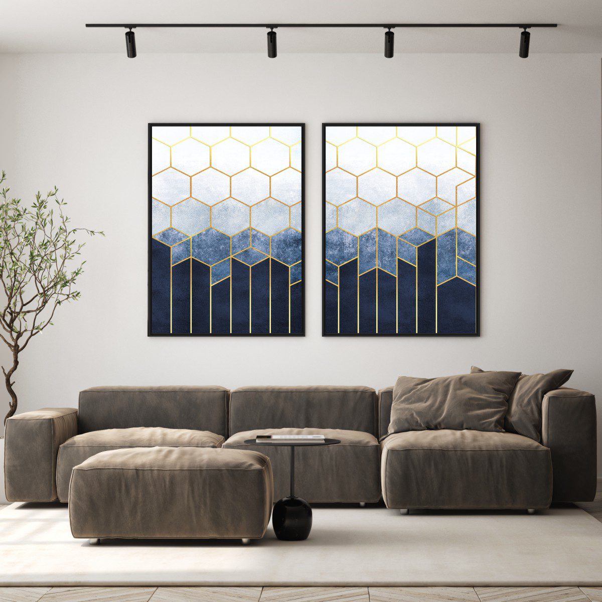 Composição com 2 Quadros Geométricos Azul e Dourado Colmeia