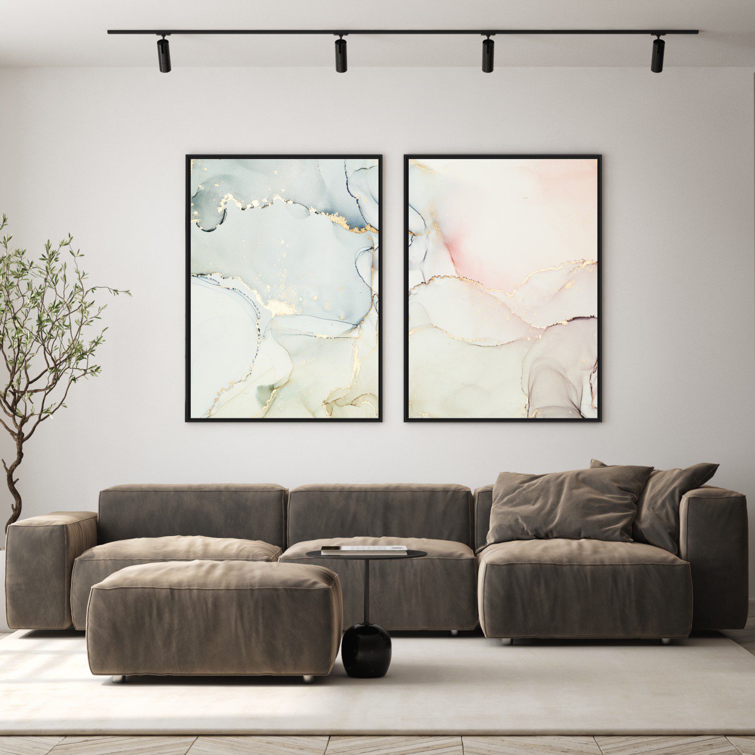 Composição com 2 Quadros Mamorizados em Tons Claros