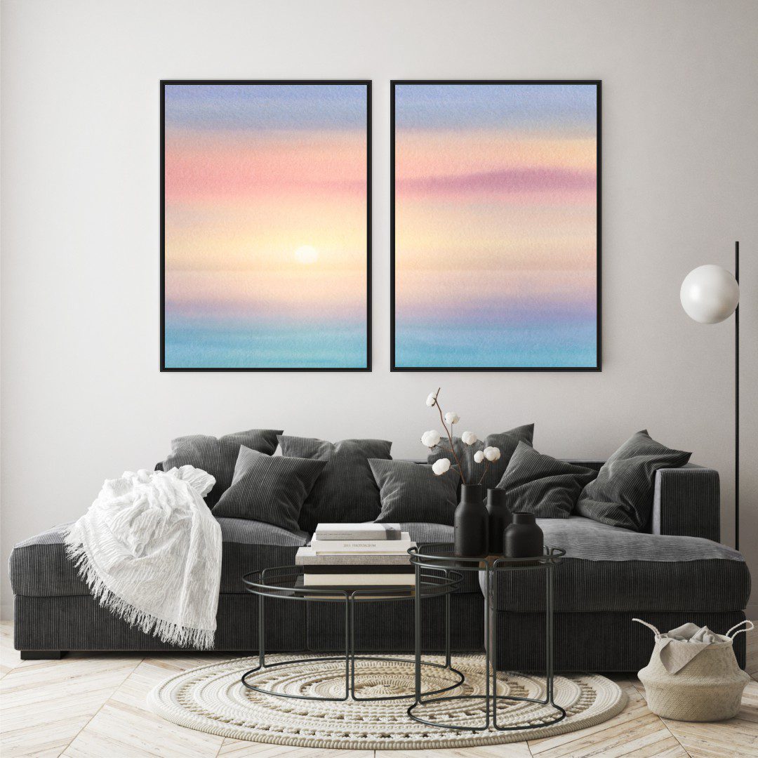 Composição com 2 Quadros - Nascer do Sol Abstrato em Aquarela