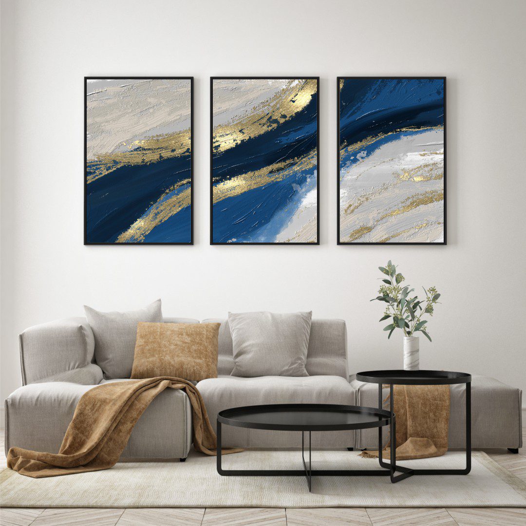 Composição com 3 Quadros Abstrato Azul com Detalhe em Dourado