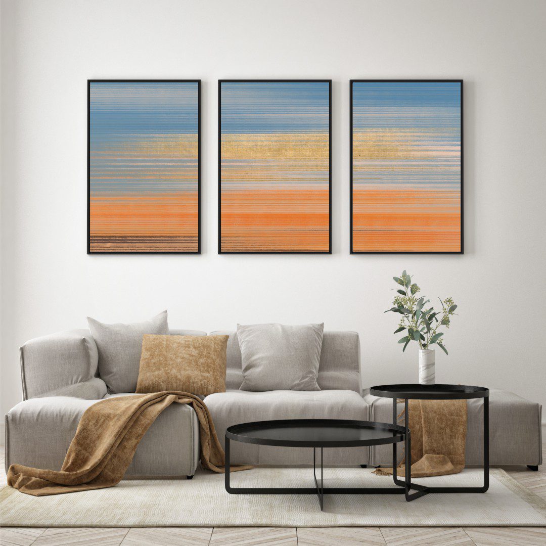 Composição com 3 Quadros Abstrato Azul e Laranja