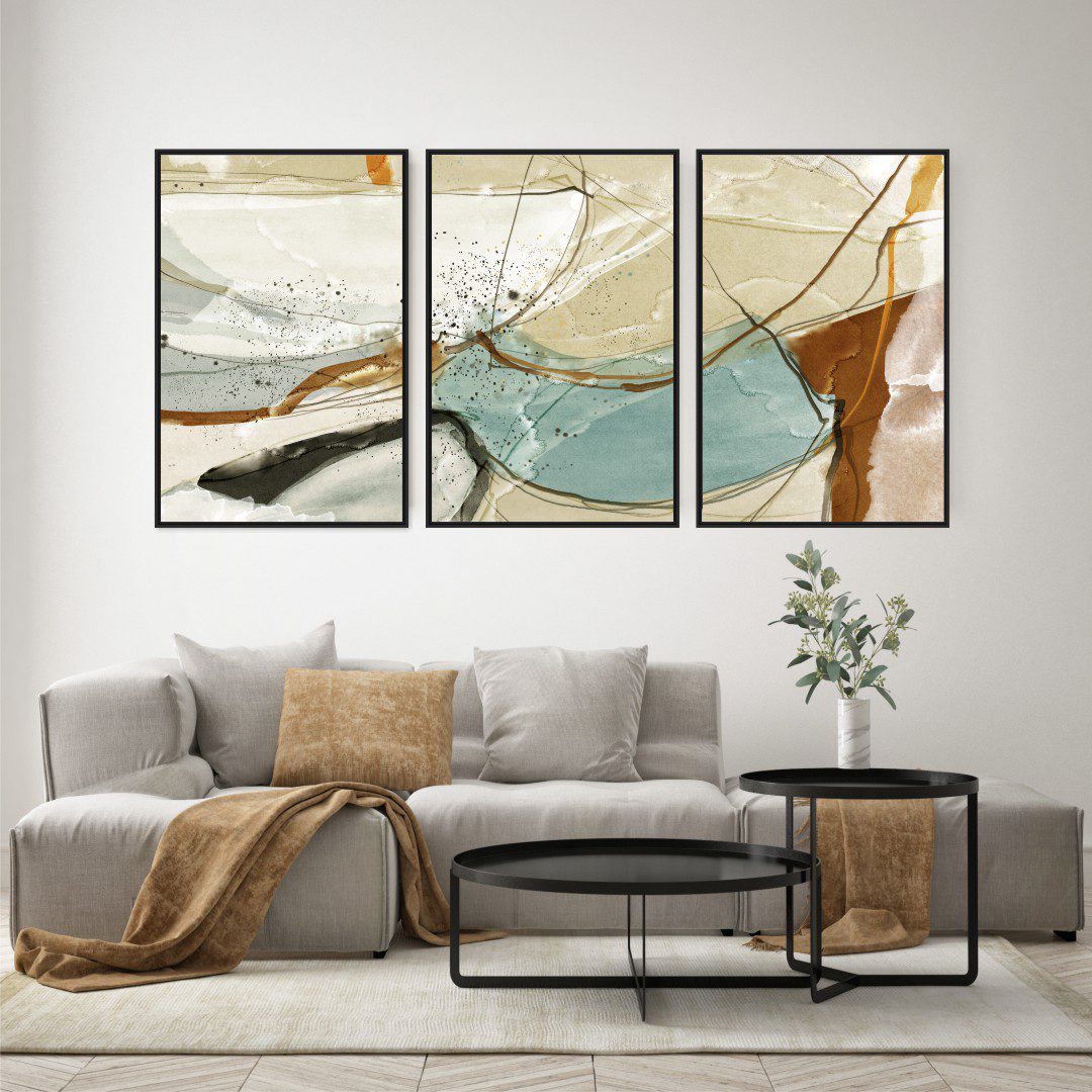 Composição com 3 Quadros Abstrato em Tons Neutros com Verde