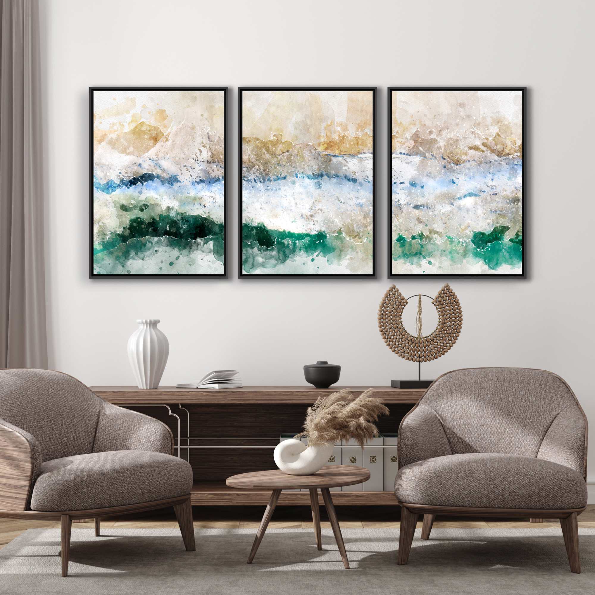 Composição com 3 Quadros Abstrato Mar com Tons de Verde, Azul e Dourado