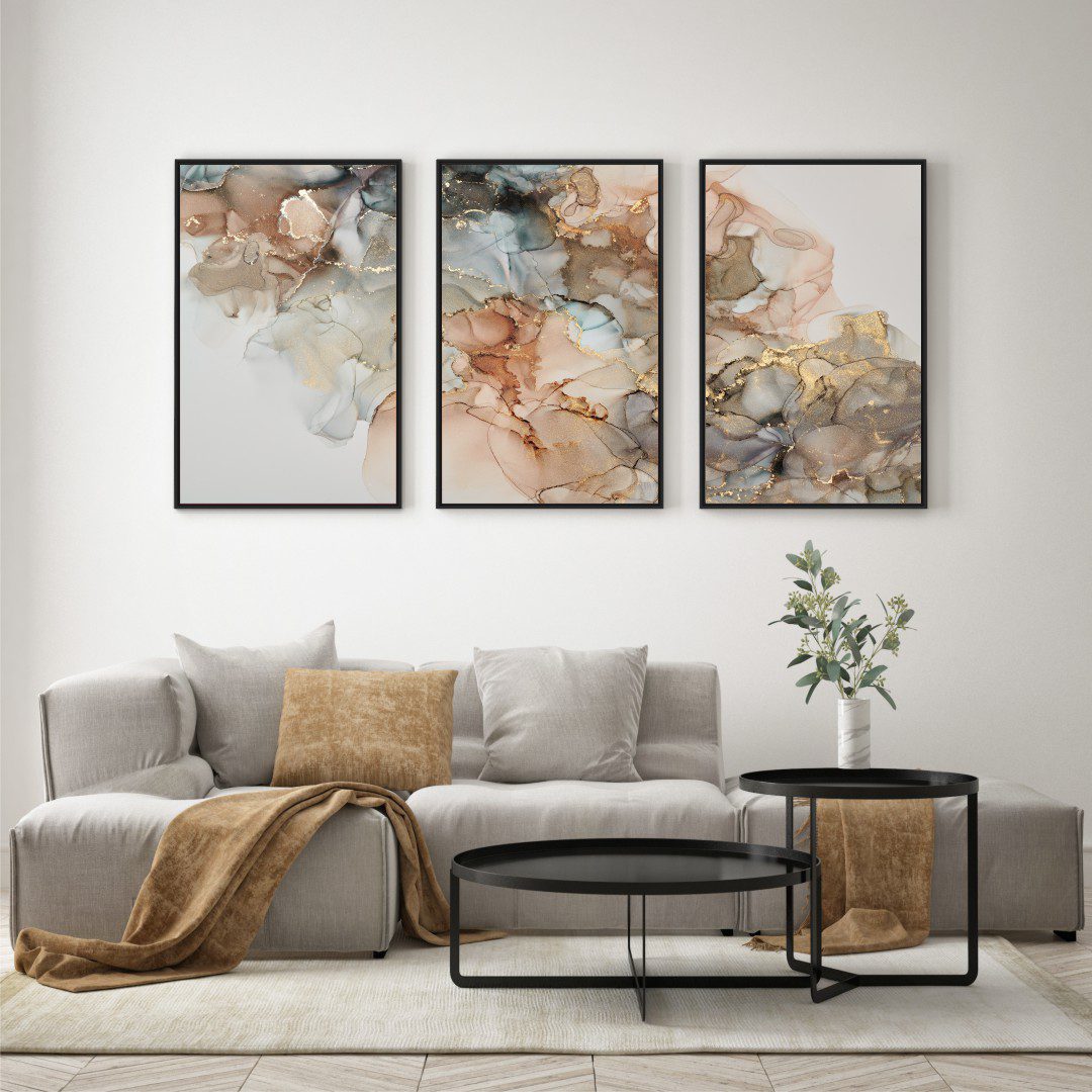 Composição com 3 Quadros Abstrato Marmorizado Dourado