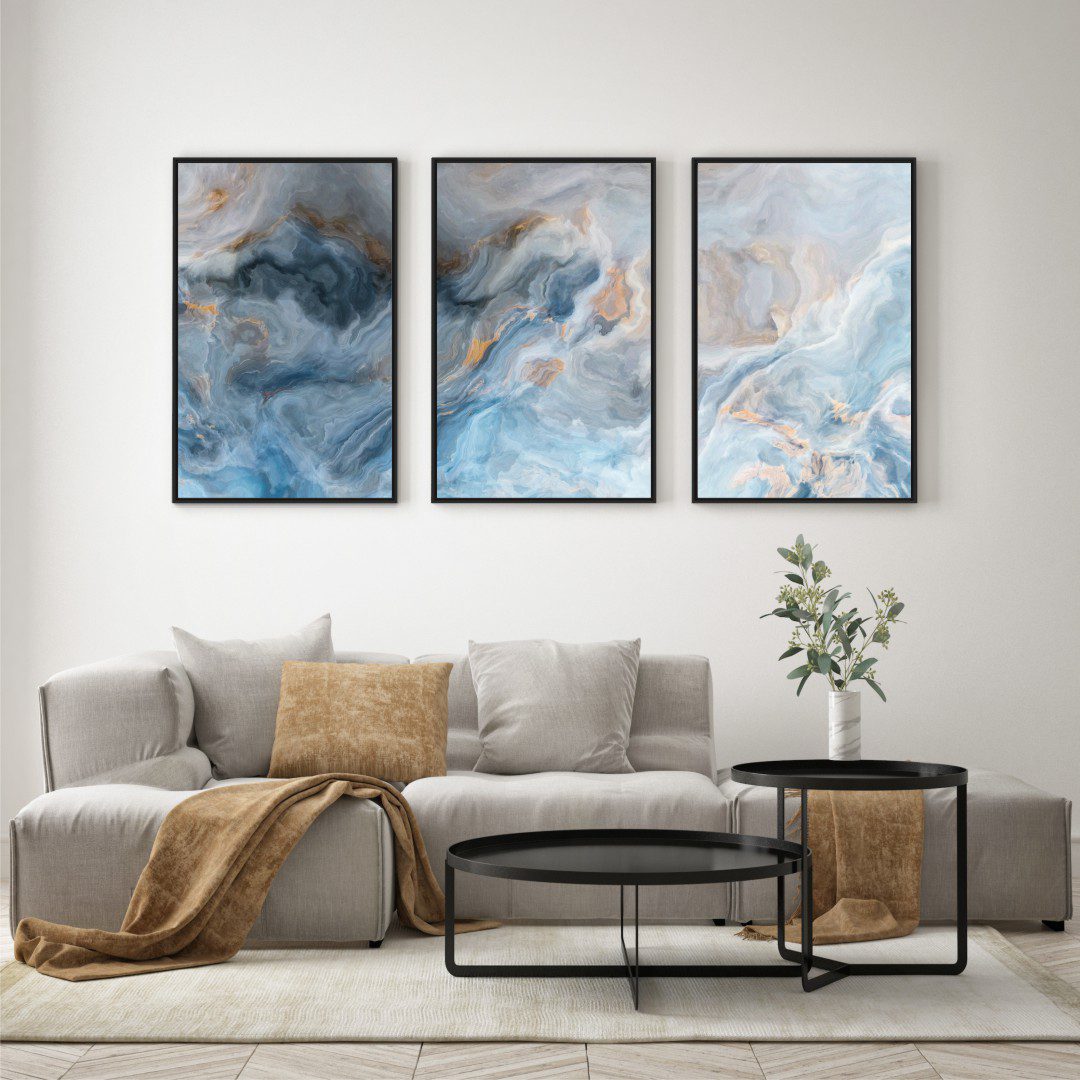 Composição com 3 Quadros Abstrato Marmorizado em Tons de Azul