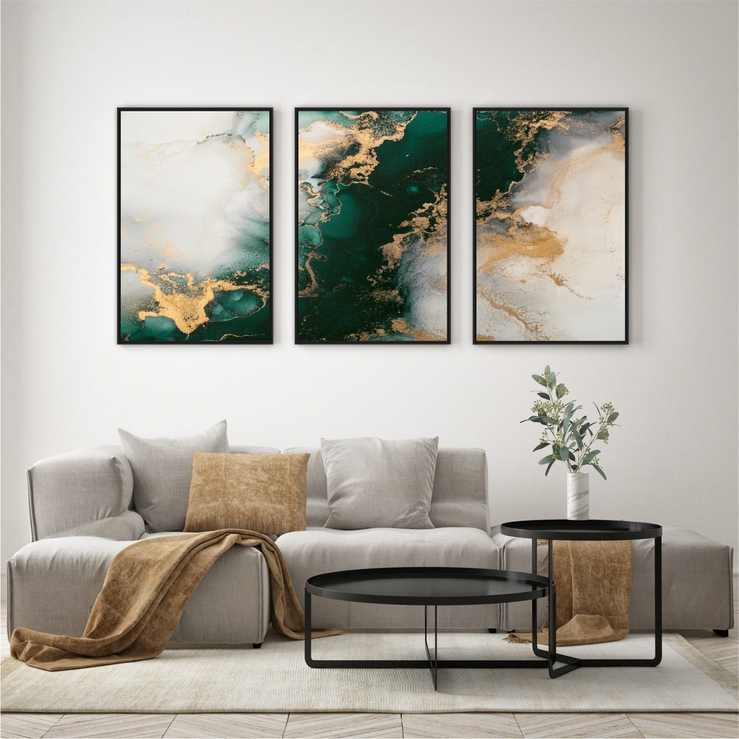 Composição com 3 Quadros Abstrato Marmorizado Verde e Dourado