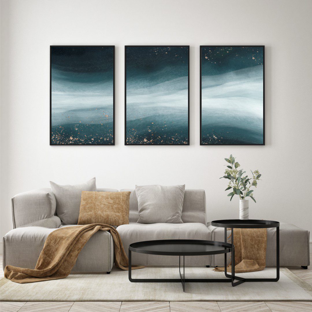 Composição com 3 Quadros Abstrato Verde com Brilhos