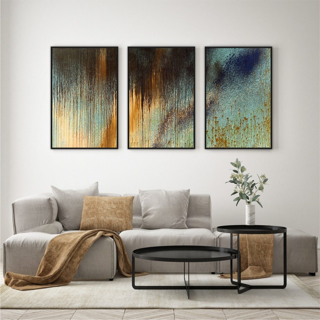 Composição com 3 Quadros Abstrato Verde e Dourado com Respingos de Tinta