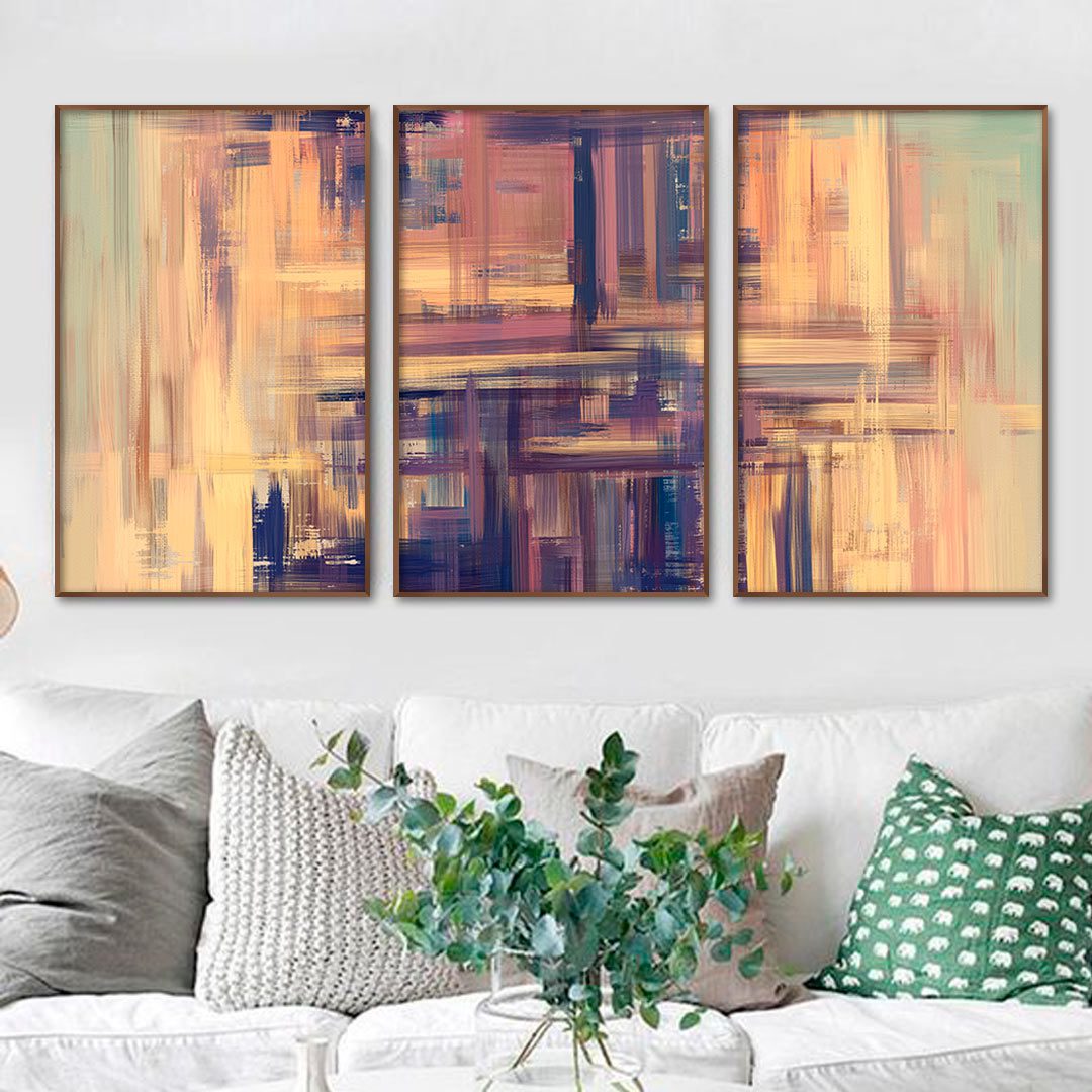 Composição com 3 Quadros Abstratos em Tons de Verde e Roxo