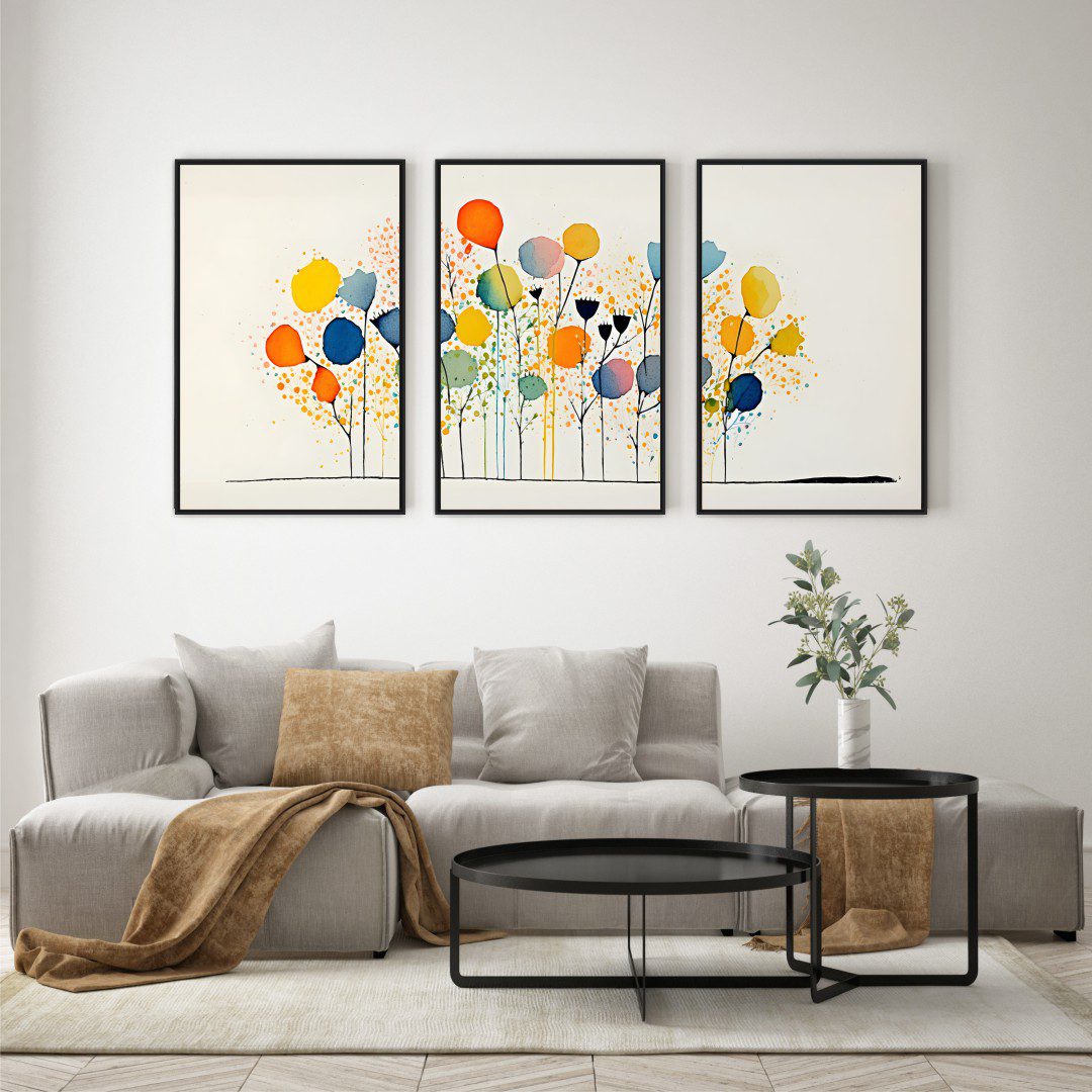Composição com 3 Quadros Artístico Floral Colorido