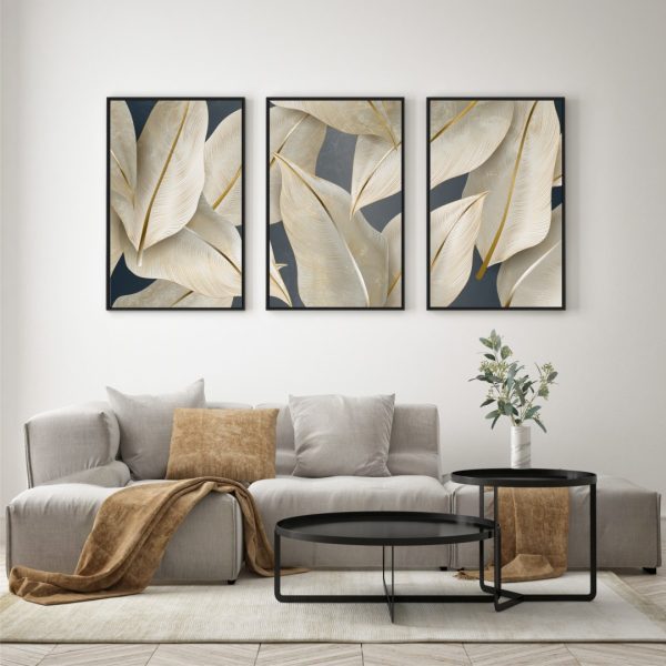 Composição com 3 Quadros com Folhas Douradas
