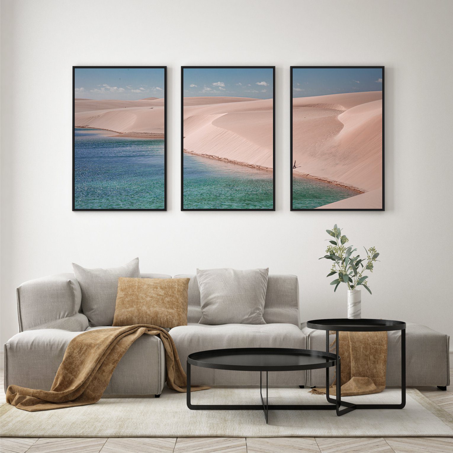 Composição com 3 Quadros com Fotografia de Dunas e Mar