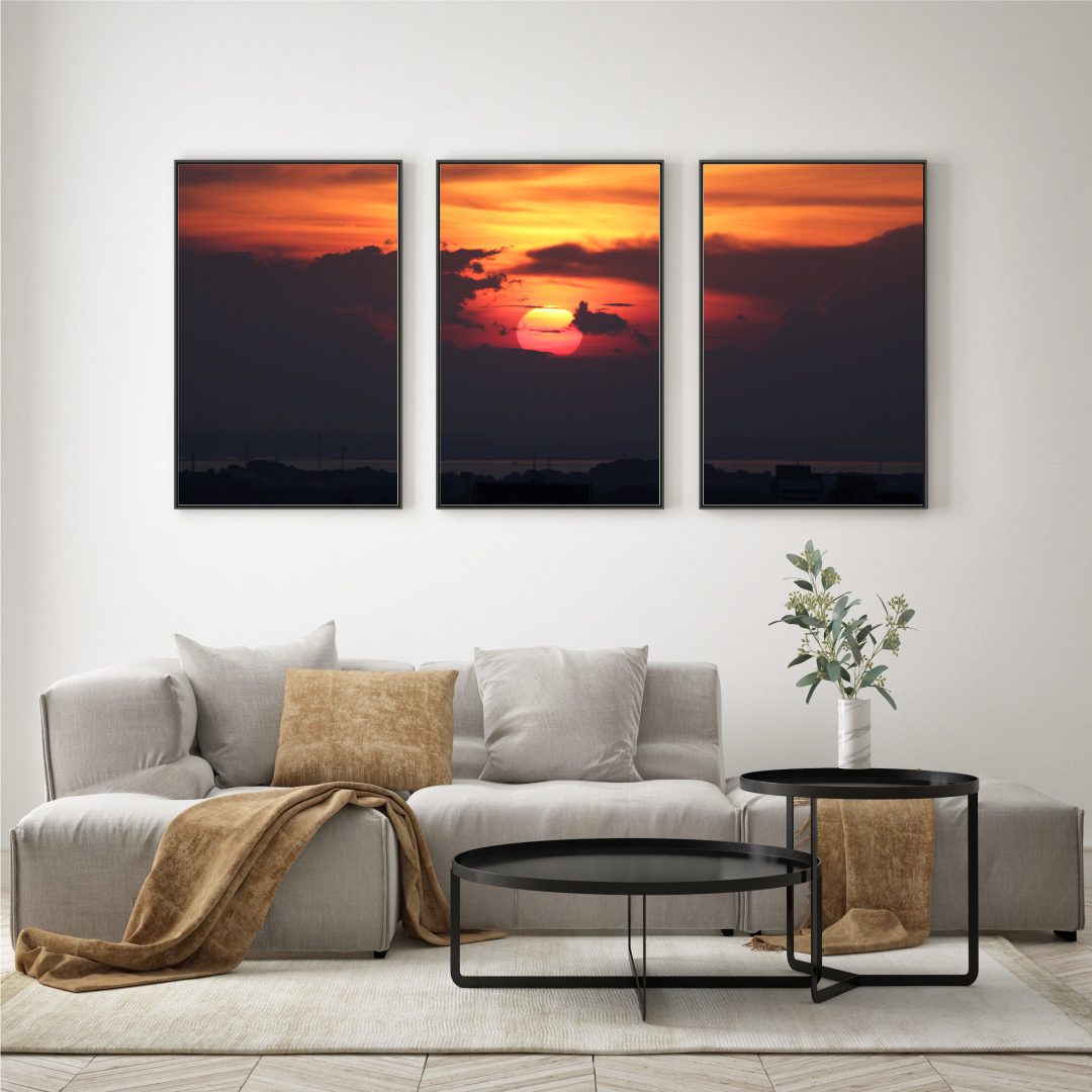 Composição com 3 Quadros com Fotografia de Pôr do Sol no Rio Negro