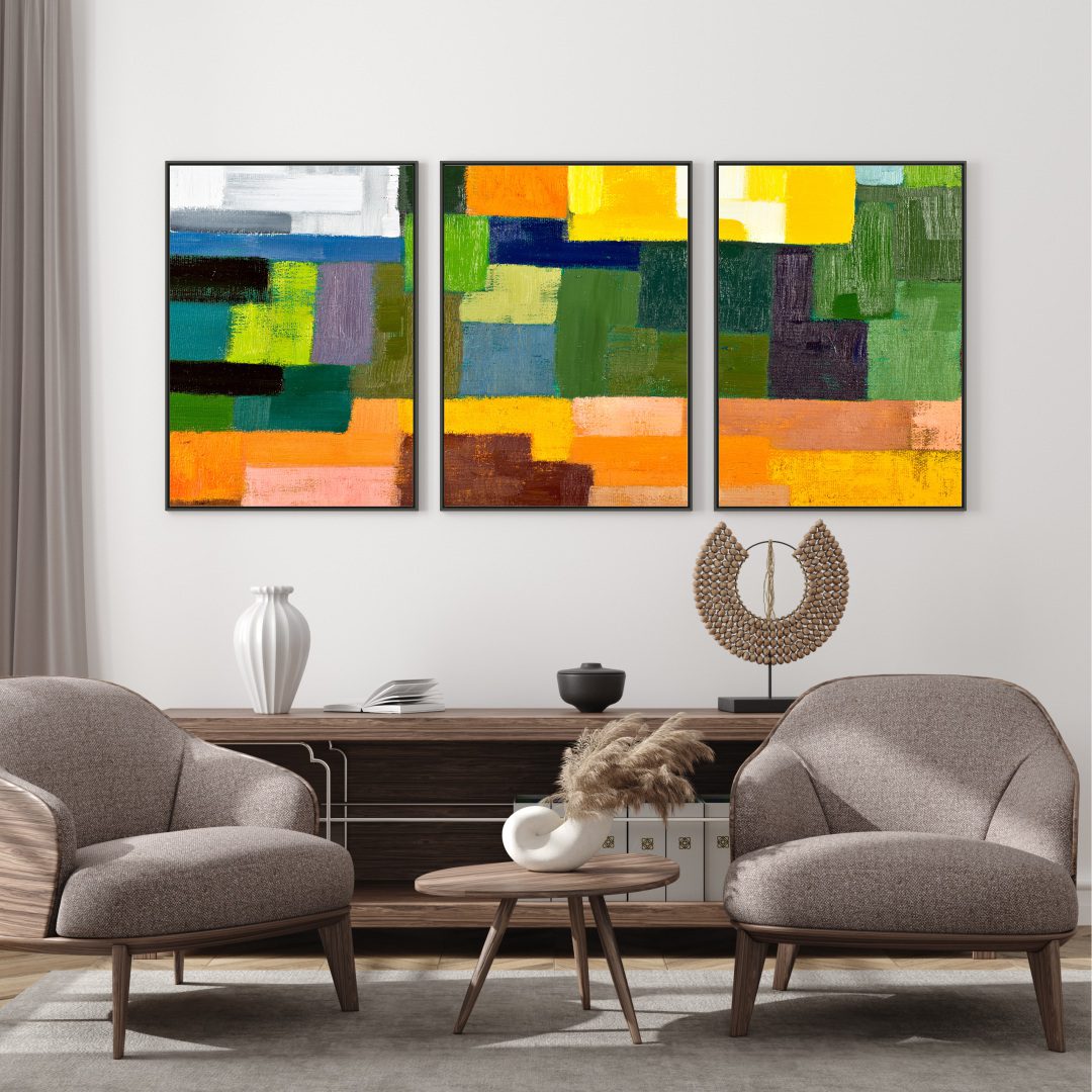 Composição com 3 Quadros com Pintura Abstrata Colorida