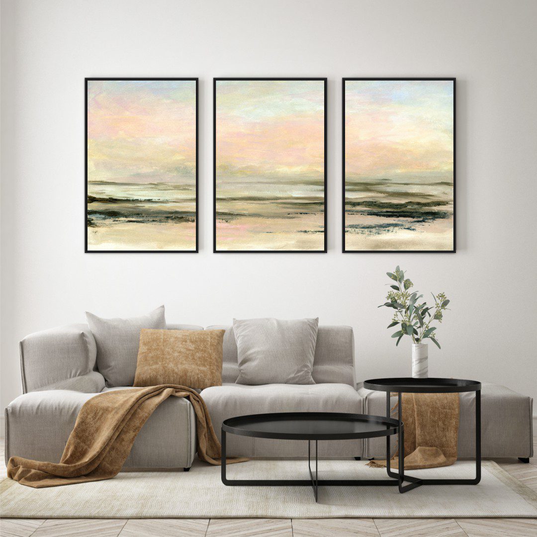 Composição com 3 Quadros com Pintura Abstrata de Mar