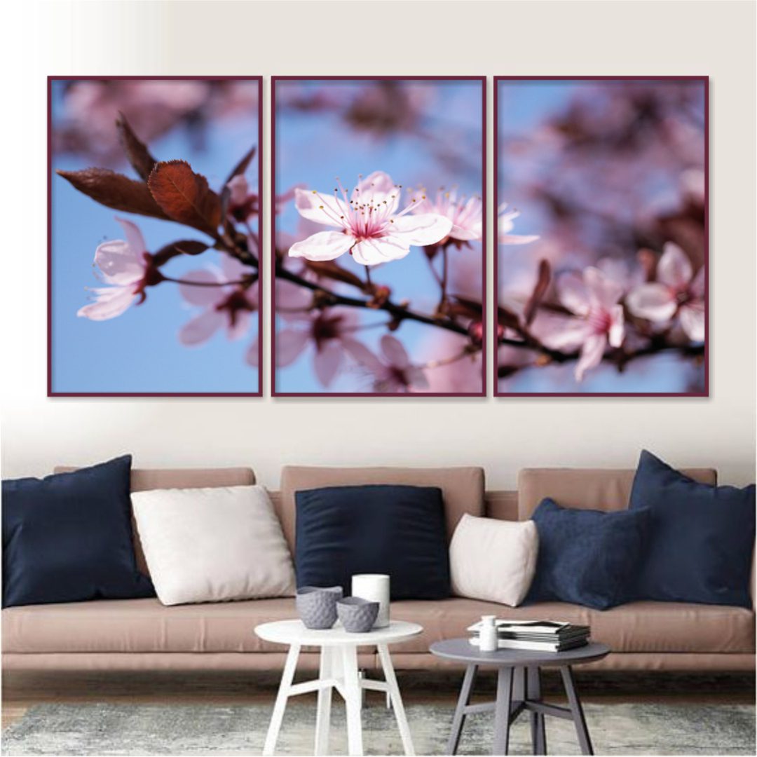 Composição com 3 Quadros Flor de Cerejeira com Fundo Azul