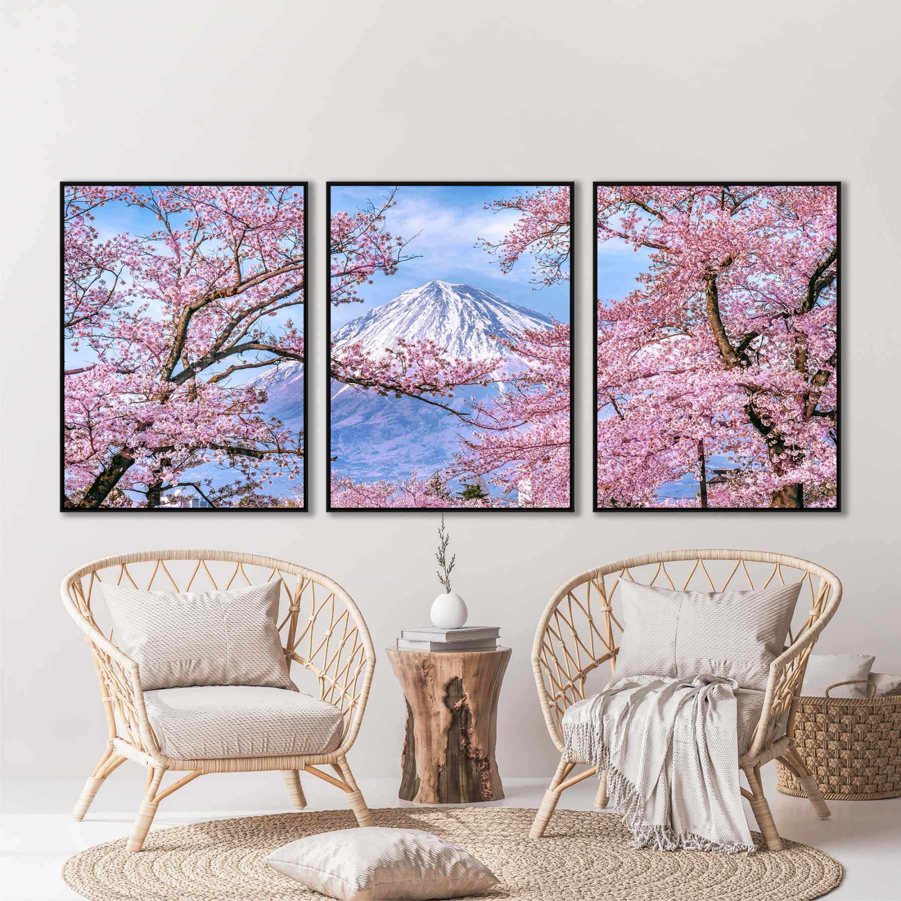 Composição com 3 Quadros Flor de Cerejeira e Monte Fuji