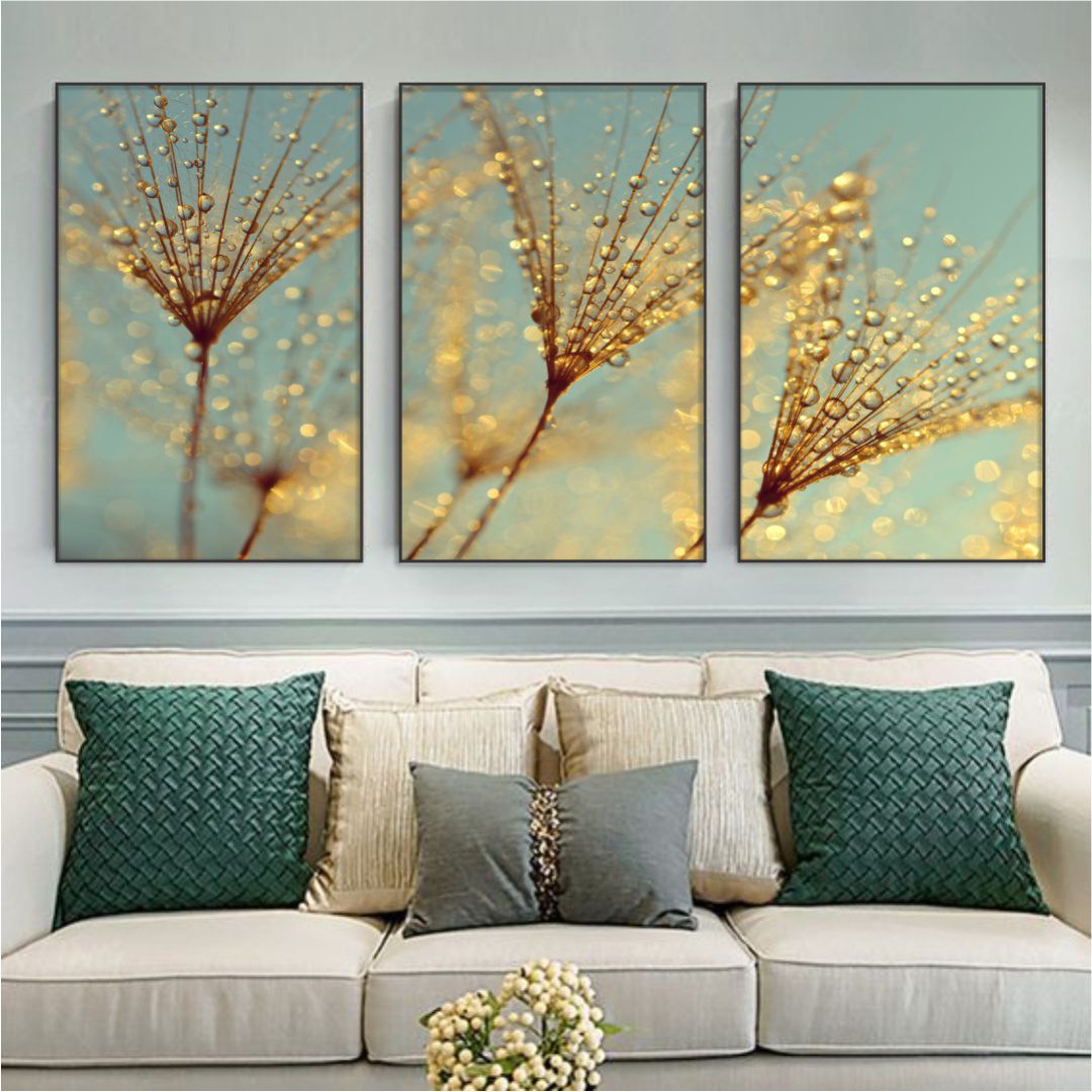 Composição com 3 Quadros Flor Dente de Leão com Fundo Verde