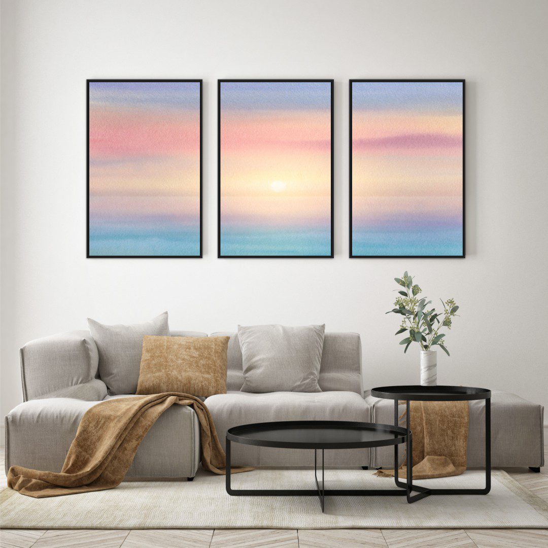 Composição com 3 Quadros Nascer do Sol Abstrato em Aquarela